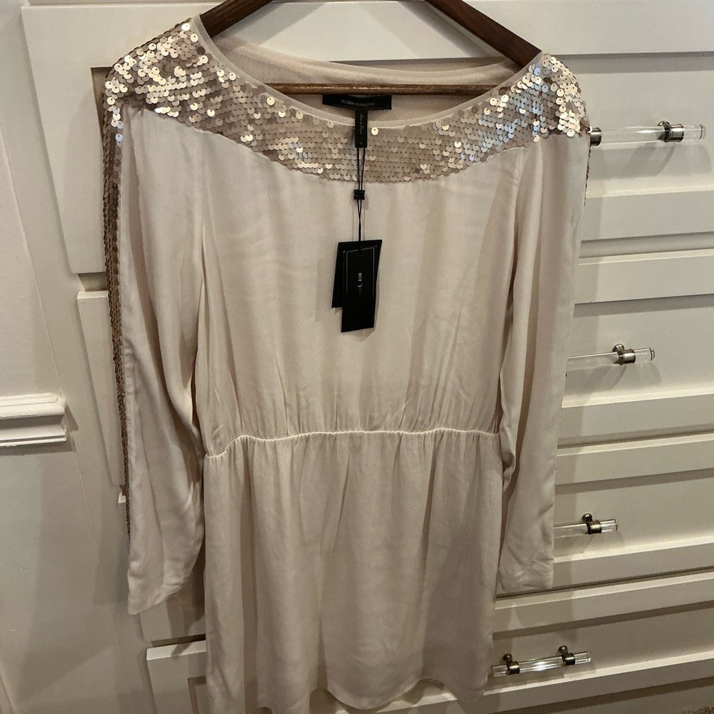 BCBG MaxAzria elegant New with Tags! Cream Long Sleeve sequin Dress - Picture 12 of 13